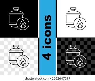 Set line Propane gas tank icon isolated on black and white, transparent background. Flammable gas tank icon.  Vector