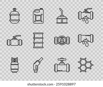 Set line Propane gas tank, Canister motor machine oil, Gasoline pump nozzle, Barrel, Industry metallic pipes and valve and Broken with leaking water icon. Vector