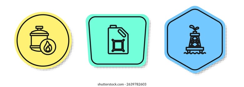 Set line Propane gas tank, Canister for motor oil and Oil rig. Colored shapes. Vector