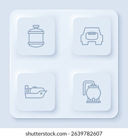 Set line Propane gas tank, Spare wheel in the car, Oil tanker ship and storage. White square button. Vector