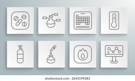 Set line Propane gas tank, Test tube and flask, Fire flame, Chemical formula, Periodic table, Medical thermometer and Medicine pill tablet icon. Vector