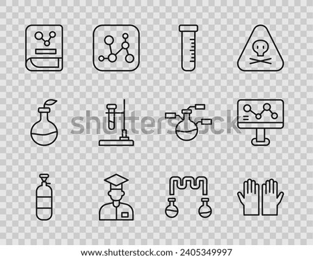 Set line Propane gas tank, Medical rubber gloves, Test tube and flask, Laboratory assistant, Chemistry book, on fire,  and Chemical formula icon. Vector