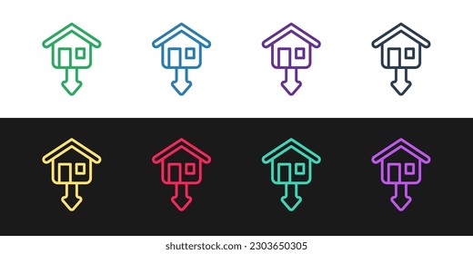 Set line Property and housing market collapse icon isolated on black and white background. Falling property prices. Real estate stock risk or economic recession.  Vector