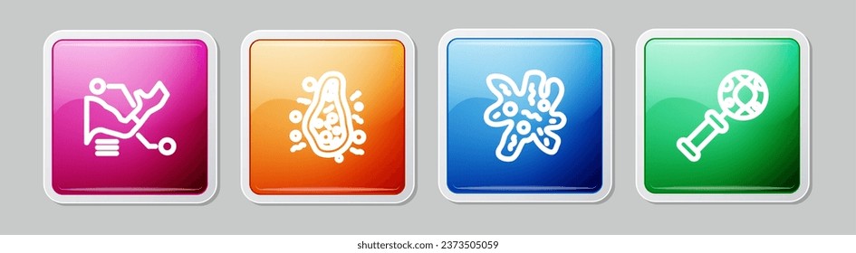 Set line Prosthesis hand, Bacteria, Cell and DNA research, search. Colorful square button. Vector