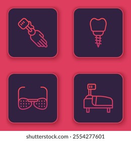 Set line Prosthesis hand, Blind glasses, Dental implant and Hospital bed. Blue square button. Vector