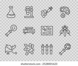 Mano de prótesis, investigación de ADN, búsqueda, jeringa, célula, frasco de tubo de ensayo, escalas Electrónicas, botella de reactivo e ícono de insecto experimental. Vector