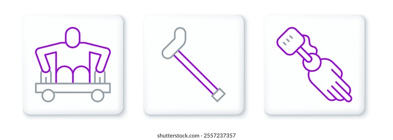 Set line Prosthesis hand, Man without legs sitting wheelchair and Walking stick cane icon. Vector