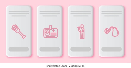 Set line Prosthesis leg, Identification badge, Human broken arm and Hearing aid. White rectangle button. Vector