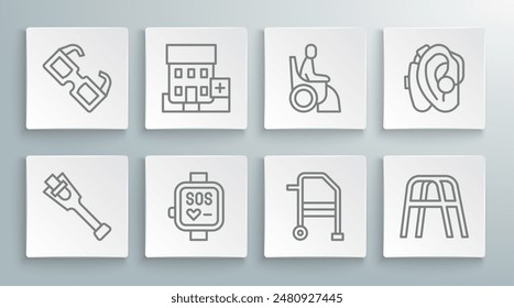 Set line Prosthesis leg, Medical hospital building, Smart watch, Walker, Woman wheelchair, Hearing aid and Eyeglasses icon. Vector