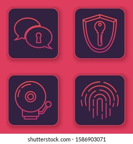 Set line Protection of personal data , Ringing alarm bell , Shield with key  and Fingerprint . Blue square button. Vector