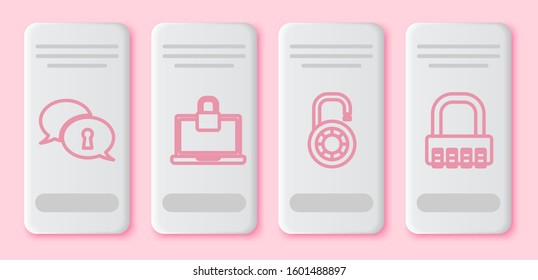 Set line Protection of personal data , Laptop and lock , Safe combination lock wheel  and Safe combination lock . White rectangle button. Vector