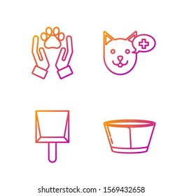 Set line Protective cone collar, Dustpan, Hands with animals footprint and Veterinary clinic symbol. Gradient color icons. Vector