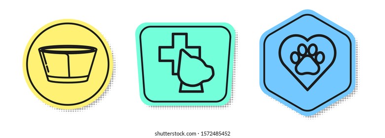 Set line Protective cone collar, Veterinary clinic symbol and Heart with animals footprint. Colored shapes. Vector