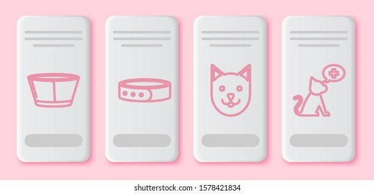 Set line Protective cone collar, Collar with name tag, Cat and Veterinary clinic symbol. White rectangle button. Vector
