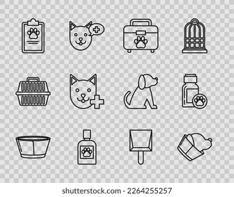 Set line Protective cone collar, Veterinary clinic symbol, Pet first aid kit, Dog medicine bottle, Clipboard with medical clinical record pet, Dustpan and  icon. Vector