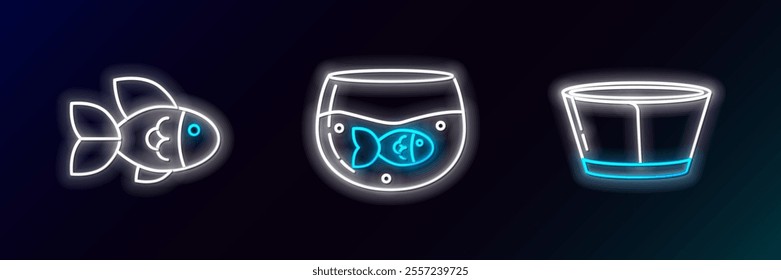 Set line Protective cone collar, Fish and Aquarium with fish icon. Glowing neon. Vector