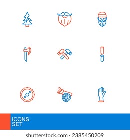 Set line Protective gloves, Hand saw and log, Circular blade, Chisel tool, Wooden axe, Crossed hammer, Lumberjack and Mustache beard icon. Vector