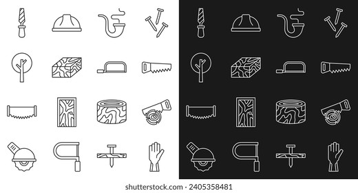 Set line Protective gloves, Hand saw and log, Smoking pipe, Wooden beam, Tree, Rasp metal file and Hacksaw icon. Vector