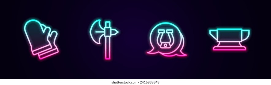 Fijar línea Guantes protectores, hacha medieval, herradura y herrero herramienta de yunque. Icono de neón brillante. Vector