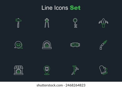 Set line Protective gloves, Metallic nails, Horseshoe, Blacksmith oven, Welding torch, glasses,  and anvil tool icon. Vector