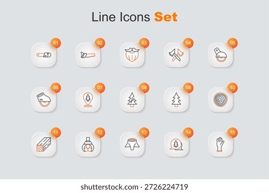 Set line Guantes de protección, árbol, tocón, grúa Grapple agarró un tronco, viga de madera, anillos, e icono. Vector