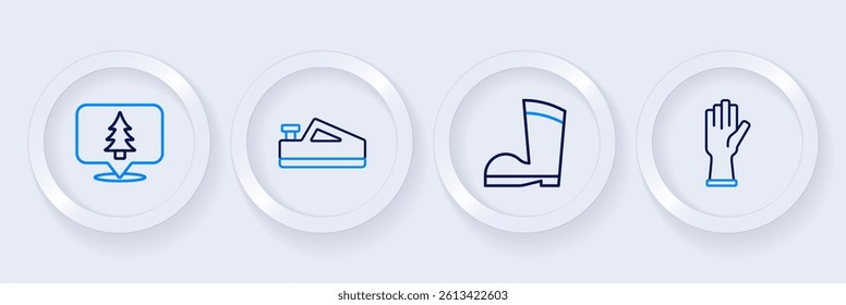 Set line Protective gloves, Waterproof rubber boot, Wood plane tool and Location the forest icon. Vector