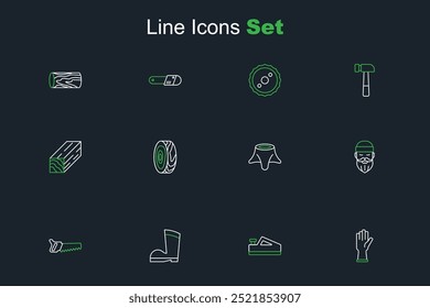 Definir linha Luvas de proteção, ferramenta de plano de madeira, bota de borracha impermeável, serra de mão, lenhador, coto de árvore, anéis e ícone de feixe de madeira. Vetor