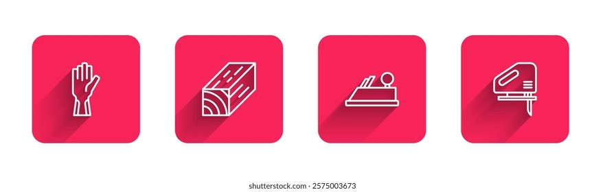 Set line Protective gloves, Wooden beam, plane tool and Electric jigsaw with long shadow. Red square button. Vector