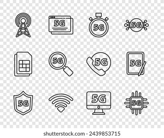 Set line Protective shield 5G, Processor, Digital speed meter, Wi-Fi wireless network, Antenna, Search, Monitor with and Graphic tablet icon. Vector