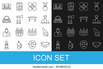 Set line Protective sport jockstrap, Whistle, Hockey over sports winner podium, Crossed bandage plaster, Air horn, Sport bag, mechanical scoreboard and table icon. Vector