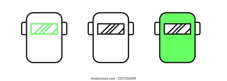 Set line Protective welding mask helmet icon isolated on white background. Protective clothing and tool worker.  Vector