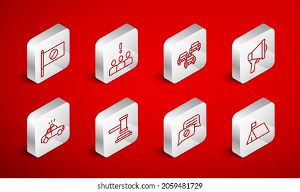 Set line Protest camp, Crowd protest, Traffic jam, Megaphone, Speech bubble chat, Judge gavel and Police car and flasher icon. Vector