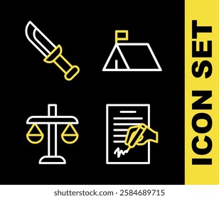 Set line Protest camp, Petition, Scales of justice and Military knife icon. Vector