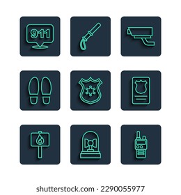 Set line Protest, Flasher siren, Walkie talkie, Security camera, Police badge, Footsteps, Telephone call 911 and with id case icon. Vector