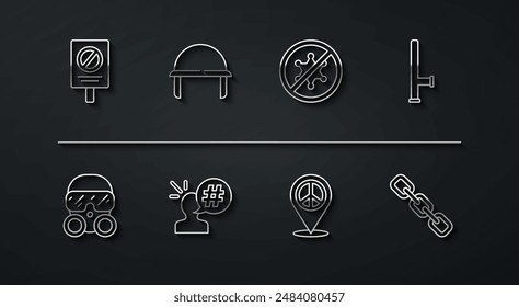 Protesta, máscara de gas, bastón de goma de la policía, Locación de paz, casco militar, Enlace de cadena e ícono. Vector