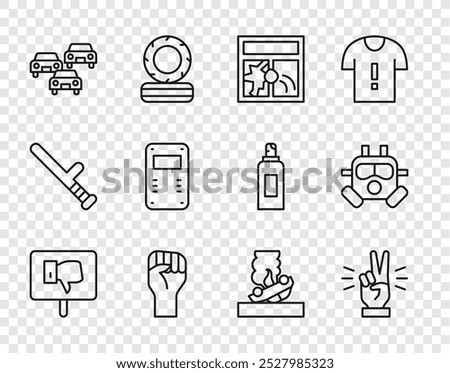 Set line Protest, Hand showing two finger, Broken window, Raised hand with clenched fist, Traffic jam, Police assault shield, Burning car and Gas mask icon. Vector