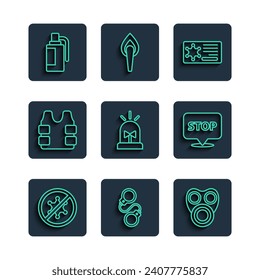 Set line Protest, Handcuffs, Gas mask, Police badge, Flasher siren, Bulletproof vest, grenade and  icon. Vector