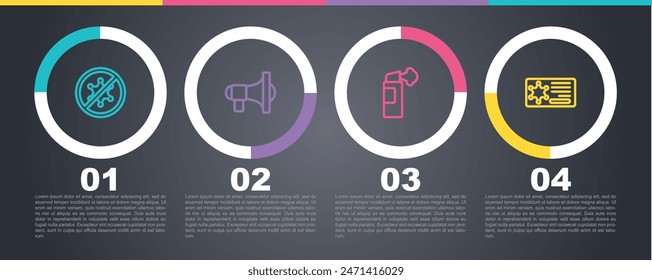 Protesta, megáfono, gas pimienta e insignia policial. Plantilla de infografía de negocios. Vector