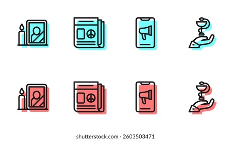 Set line Protest, Mourning photo frame, News and Caduceus snake medical icon. Vector