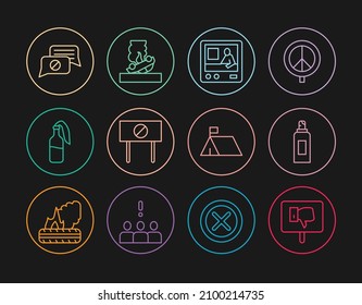 Set line Protest, Paint spray can, Television report, Cocktail molotov, Speech bubble chat, camp and Burning car icon. Vector