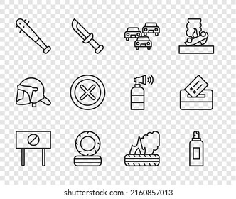 Set line Protest, Paint spray can, Traffic jam, Lying burning tires, Baseball bat with nails, X Mark, Cross circle,  and Vote box icon. Vector