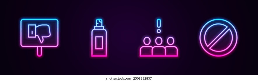Set line Protest, Paint Spray Dose, Crowd Protest und Ban. Leuchtendes Neonsymbol. Vektorgrafik