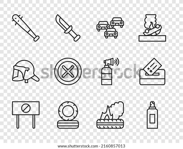 Set line Protest, Paint spray can, Traffic jam,\
Lying burning tires, Baseball bat with nails, X Mark, Cross circle,\
 and Vote box icon. Vector