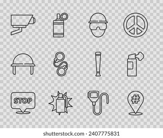 Protesta en línea, soldado de las fuerzas especiales, granada de mano, cámara de seguridad, esposas, walkie talkie e icono del spray de pimienta. Vector