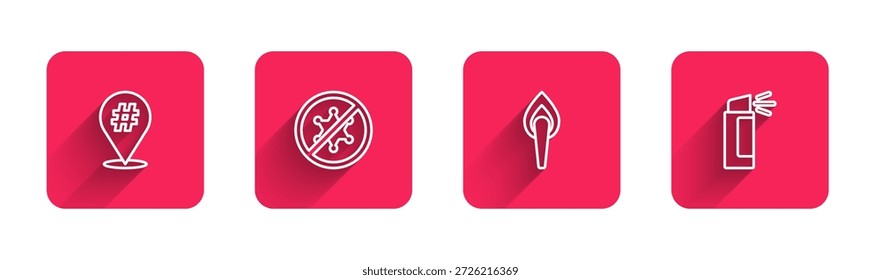 Fije la línea, la protesta, la llama de la antorcha y el aerosol de pimienta con la sombra larga. Botón cuadrado rojo. Vector