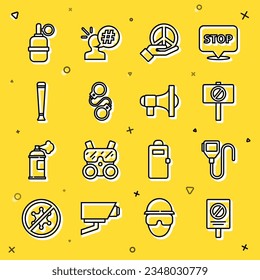 Set Linie Protest, Walkie Talkie, Frieden, Handschellen, Polizei Gummi-Baton, Granate und Megaphone Symbol. Vektorgrafik