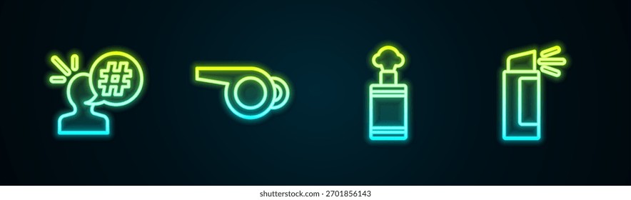 Set line Protest, Whistle, Hand grenade and Pepper spray. Glowing neon icon. Vector