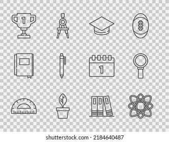 Set line Protractor, Atom, Graduation cap, Plant in pot, Award cup, Pen, Office folders and Magnifying glass icon. Vector