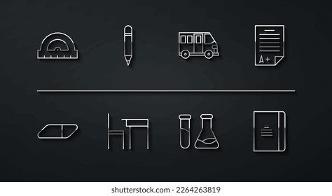 Set line Protractor, Eraser rubber, Exam sheet with A plus grade, Test tube and flask, School table chair, Pencil eraser, Spiral notebook and Bus icon. Vector