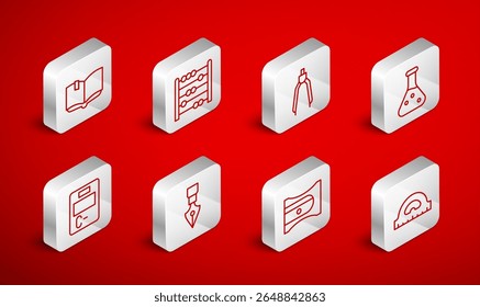 Set line Protractor grid, Abacus, Drawing compass, Test tube, Pencil sharpener, Open book, Fountain nib and Exam paper with incorrect answers icon. Vector